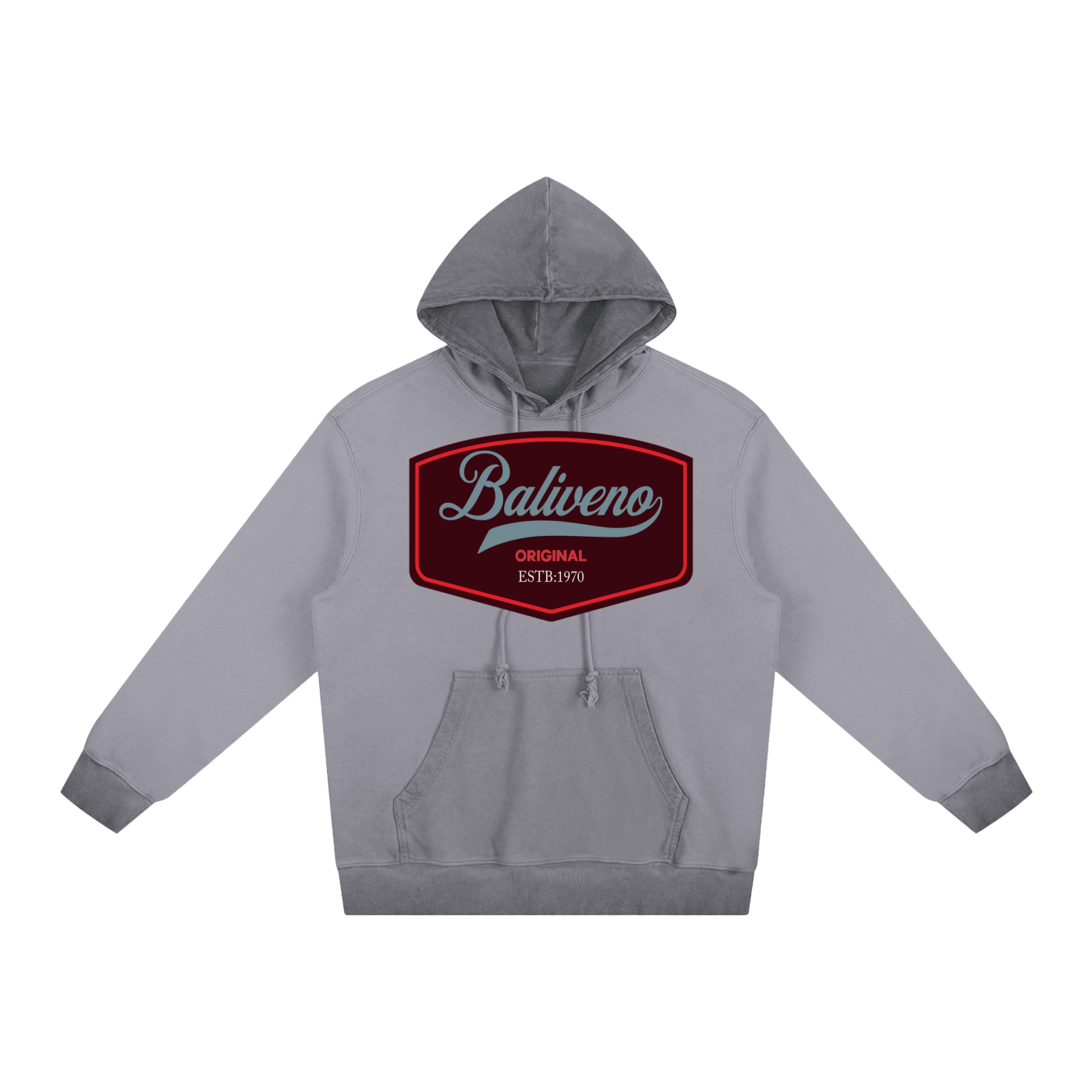 The ODMPOD Ombre Vintage Stone Washed Colorpointed Hoodie is a gray unisex hoodie with a front pocket and a large dark red chest patch reading “Baliveno ORIGINAL EST. 1970” in white, giving it vintage appeal.