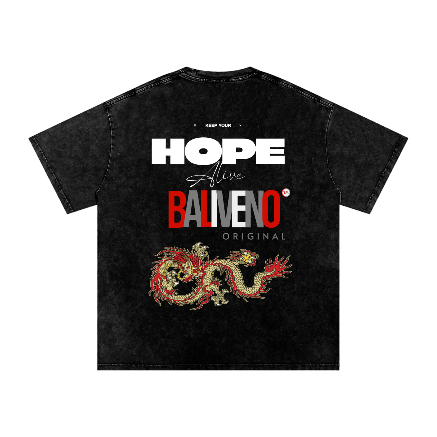 Baliveno Black Unisex acid wash oversized t-shirt with dragon graphic and motivational text.