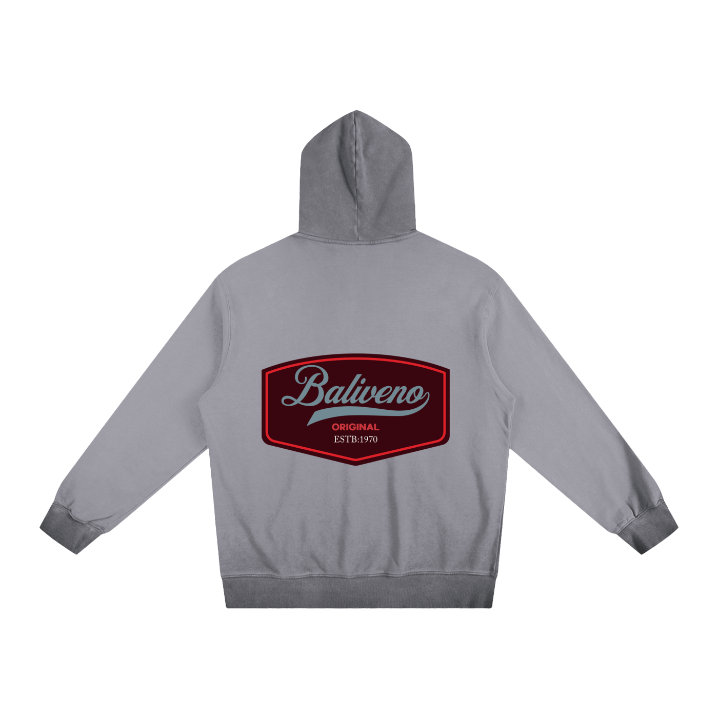 The ODMPOD Ombre Vintage Stone Washed Colorpointed Hoodie is a gray unisex hoodie with a large maroon patch on the back featuring Baliveno in cursive and ORIGINAL EST. 1970, blending classic style and comfort for all.