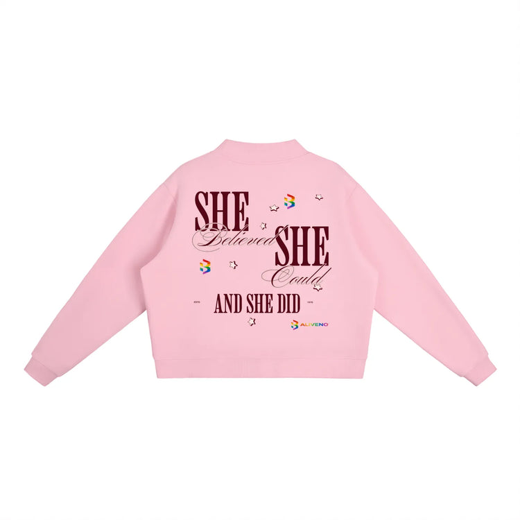 Essential Fleece Mock-Neck Crew Sweatshirt in pink with empowering text on the back.