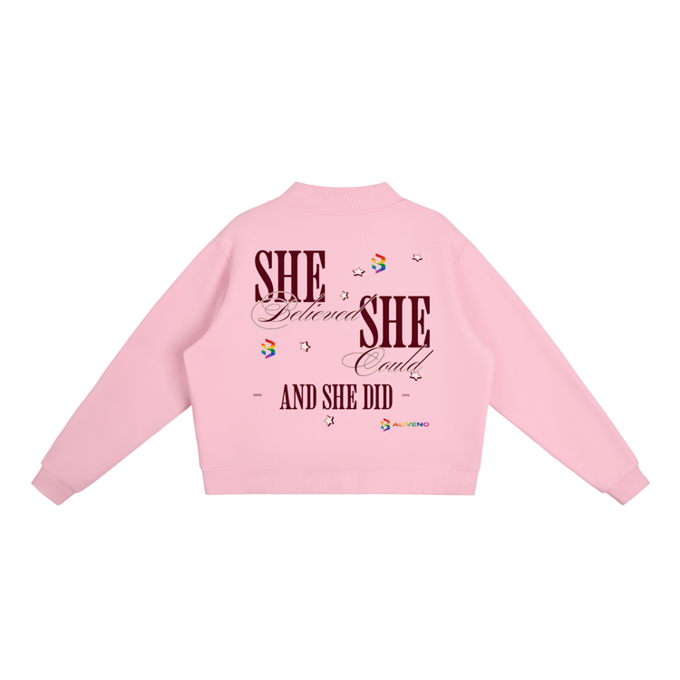 Essential Fleece Mock-Neck Crew Sweatshirt in pink with empowering text on the back.