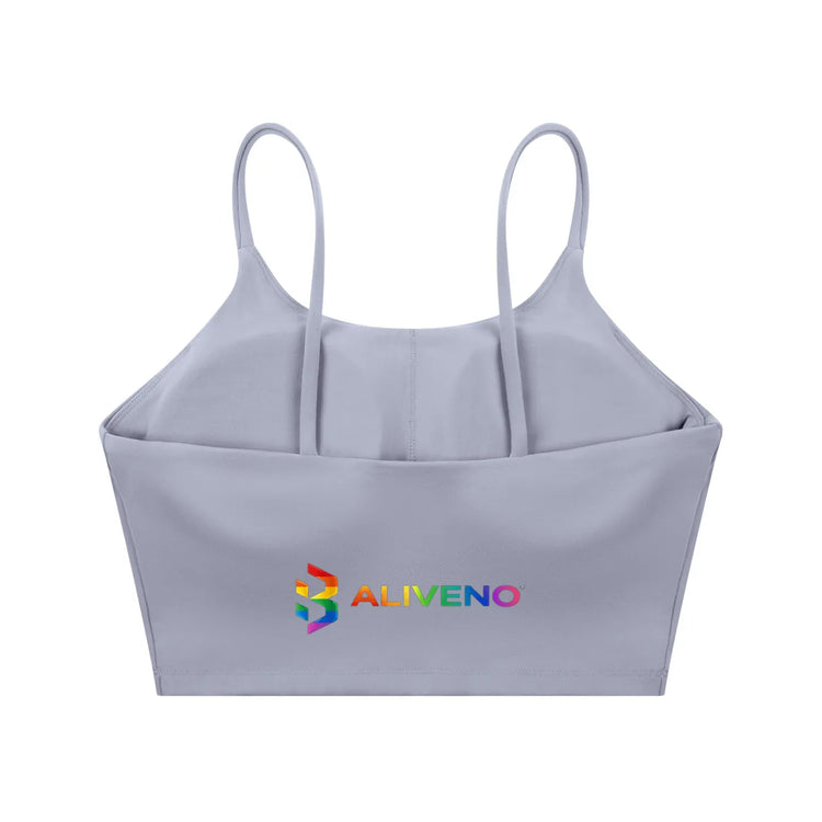 Spaghetti Strap Yoga Sports Bra in light gray featuring ALIVENO logo, perfect for casual and athletic activities.