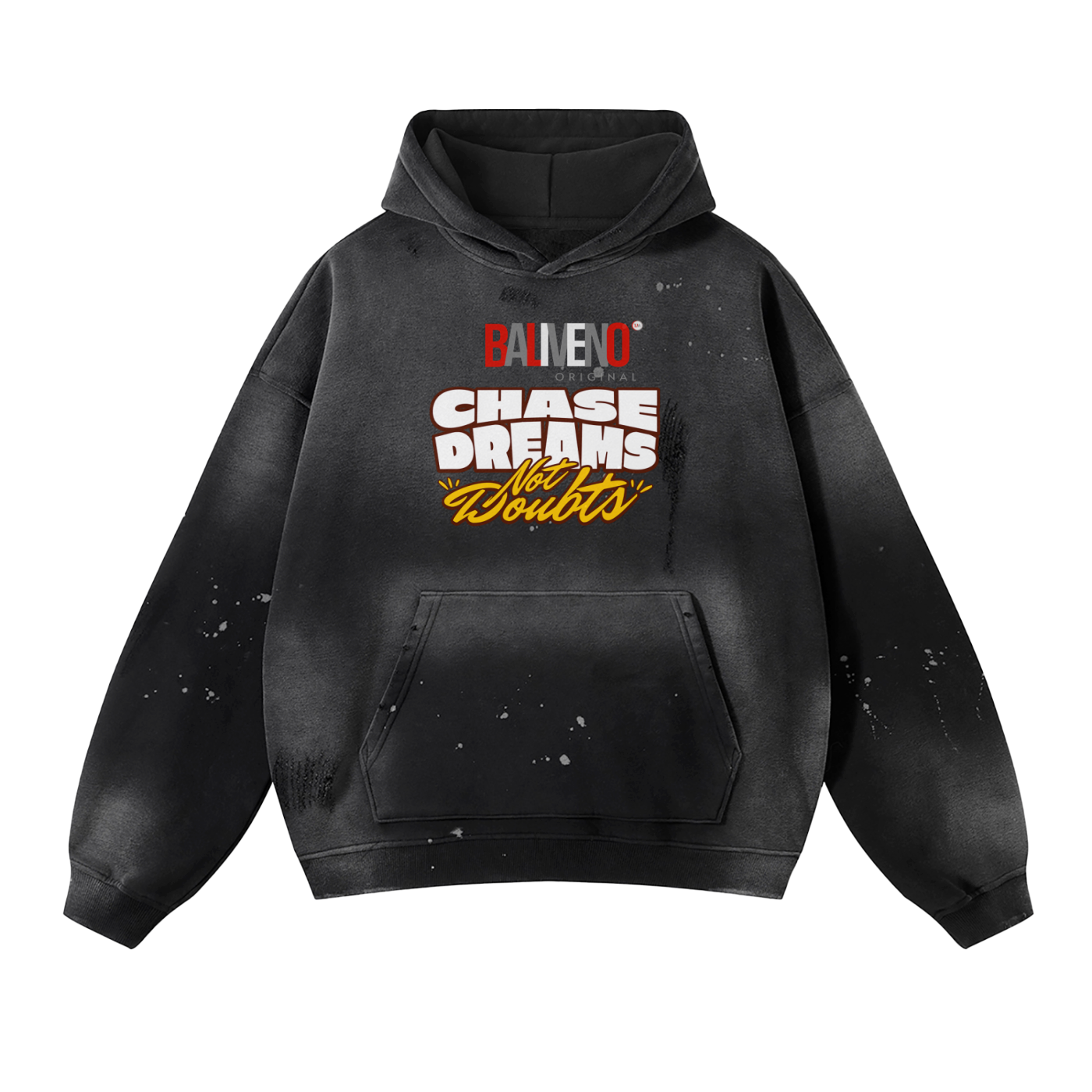 The ODMPOD Baliveno Vintage Wash Frayed Fleece Hoodie (360 GSM) features a black faded splatter design and bold red, white, and yellow BALENO®, CHASER OF ALL, CHASE DREAMS No Doubts text on the front.