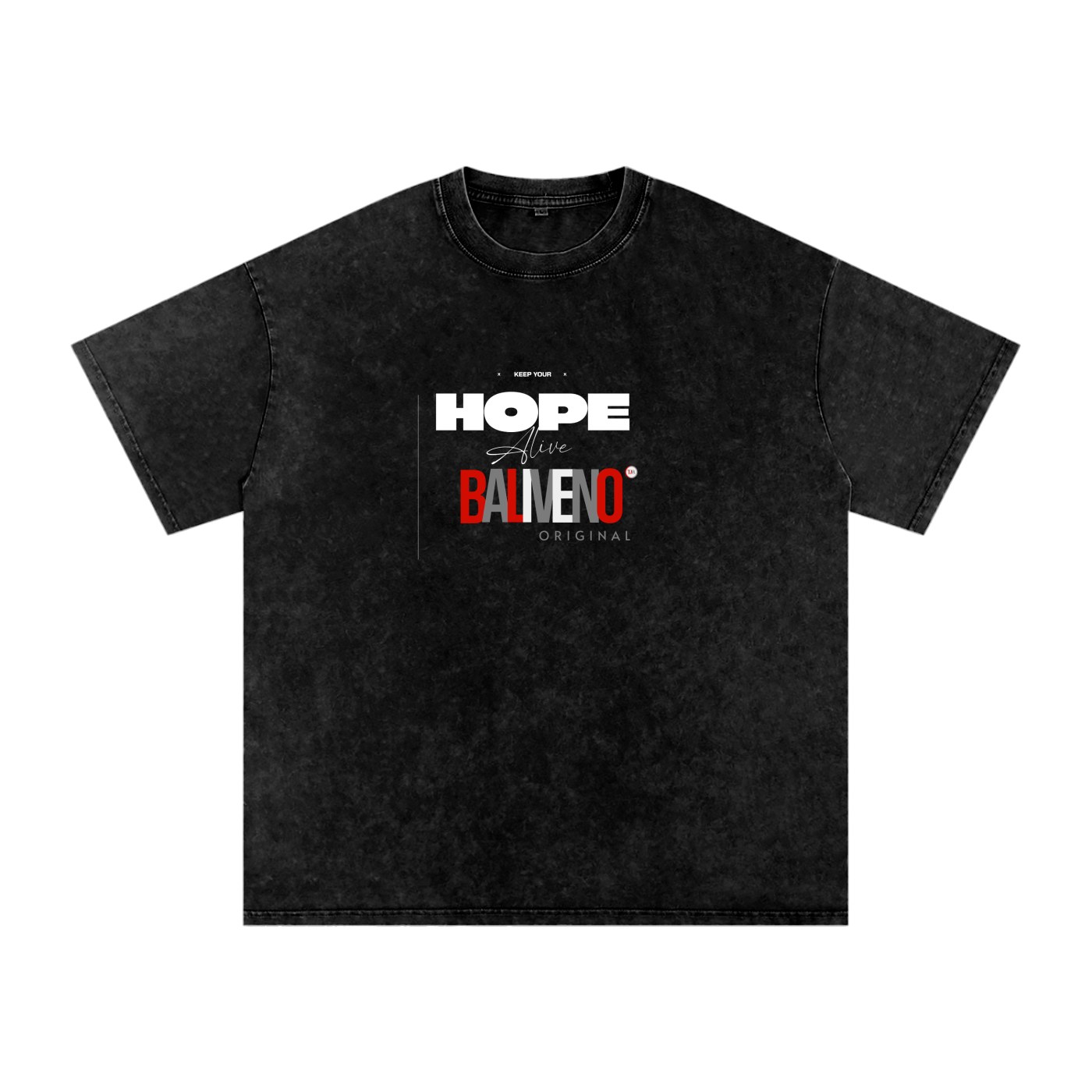 Baliveno Black Unisex Acid Wash Oversize T-Shirt with Hope Graphic, 100% Cotton, Short Sleeve.