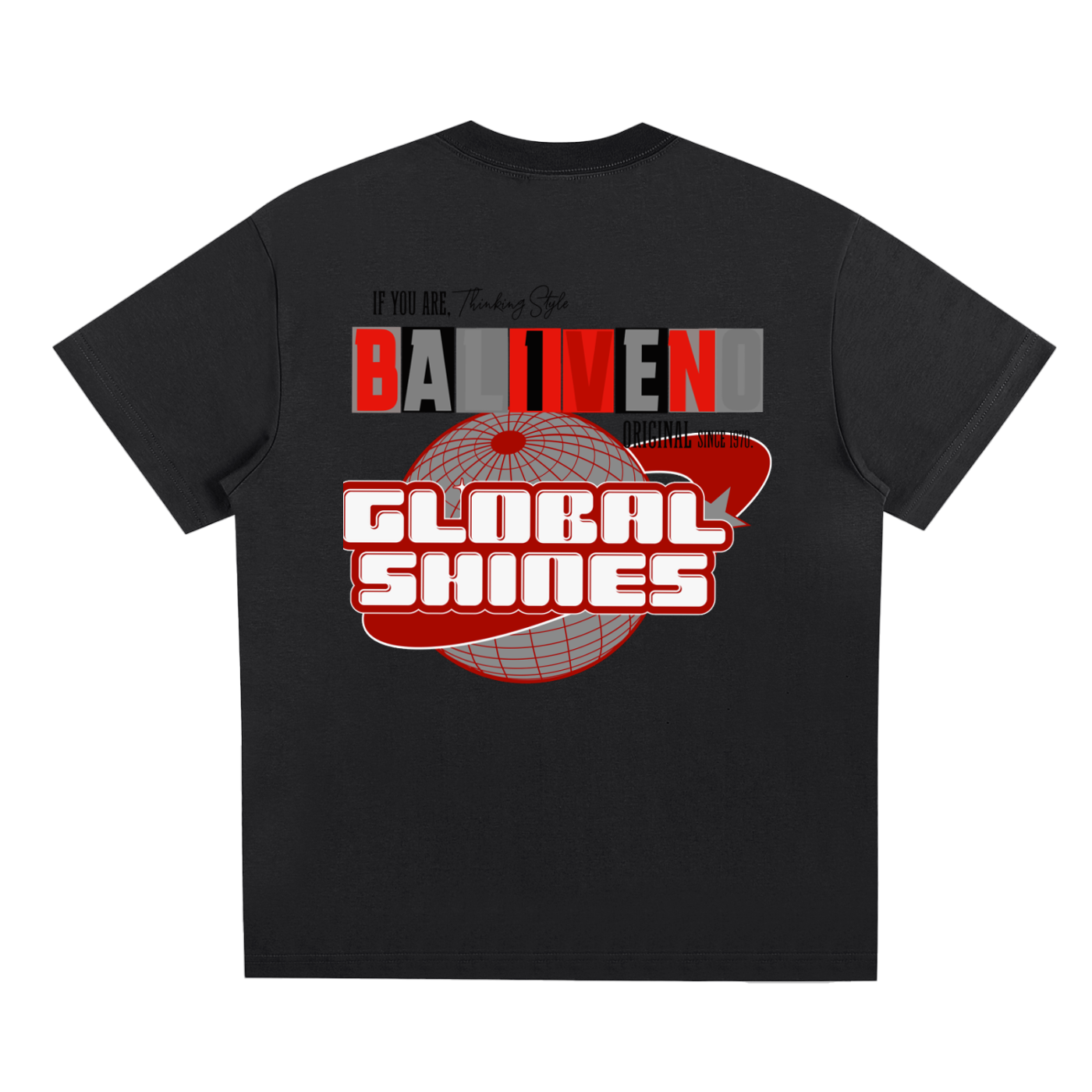 The ODMPOD Sorona Quick-Dry Cooling T-shirt is a black unisex loose-fit tee made from an eco-friendly Sorona cotton blend, featuring a large globe graphic with “GLOBAL SHINES” and “BALIVEND” in gray and red accents on the back.