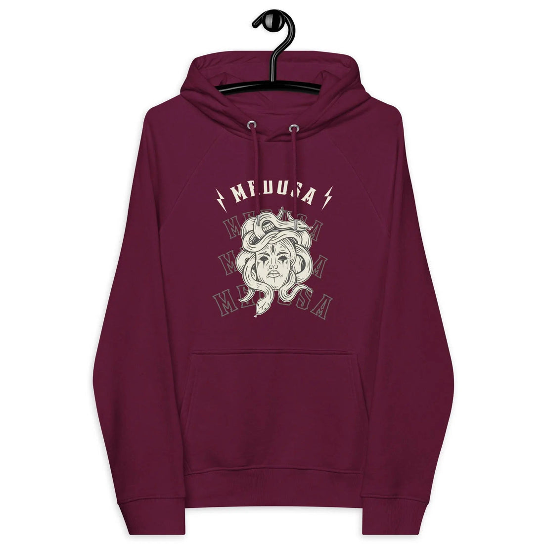 Medusa graphic unisex hoodie in burgundy color, stylish and comfortable for casual wear.