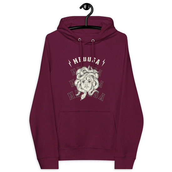 Medusa graphic unisex hoodie in burgundy color, stylish and comfortable for casual wear.