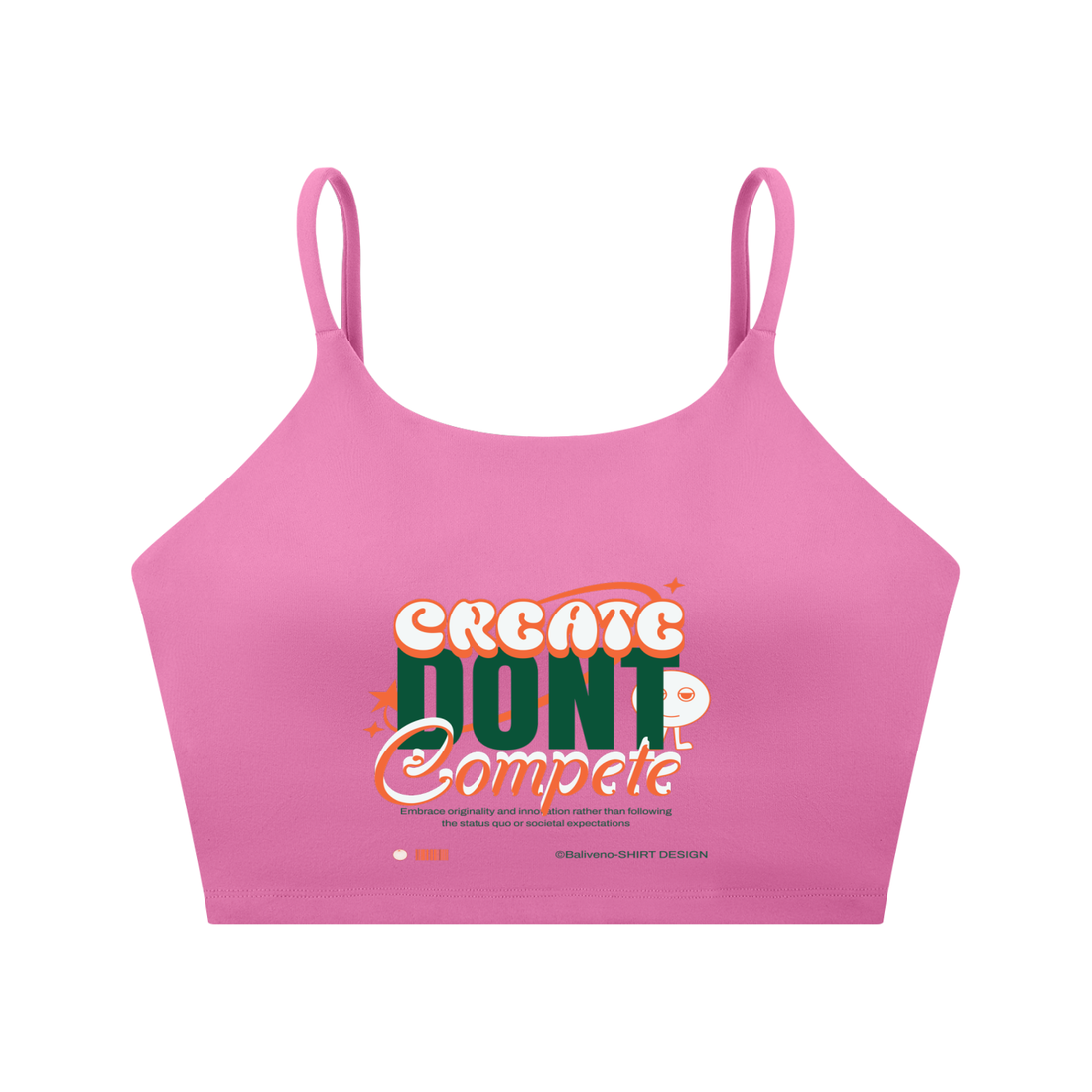 Sustainable luxury fashion editor tips on a pink crop top with the slogan 'CREATE DONT Compete'.