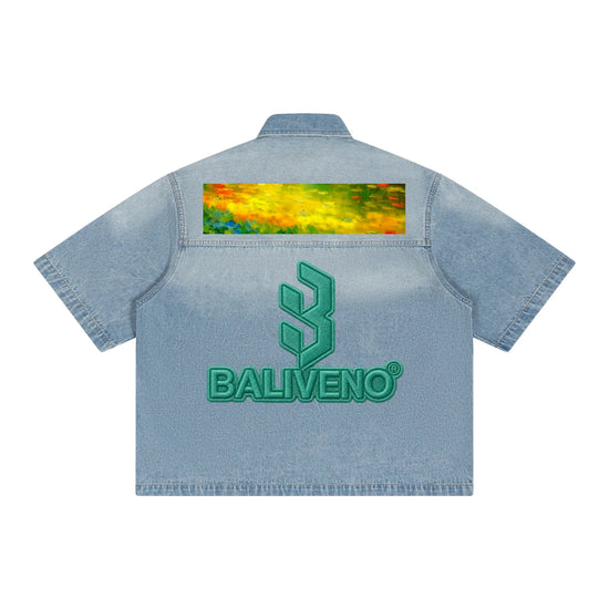 Baliveno Nature Design Unisex Vintage Wash Boxy Short Denim Shirt
