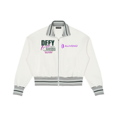 Baliveno Striped Rib Collar Zip Jacket featuring motivational text and logos on a stylish white design.