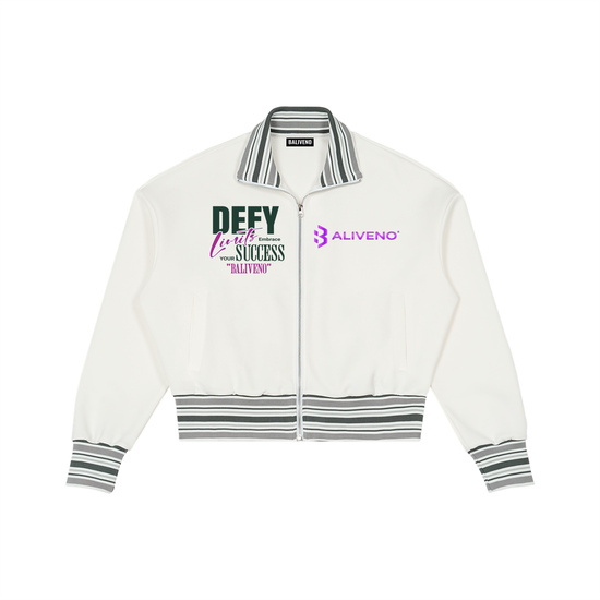 Baliveno Striped Rib Collar Zip Jacket featuring motivational text and logos on a stylish white design.
