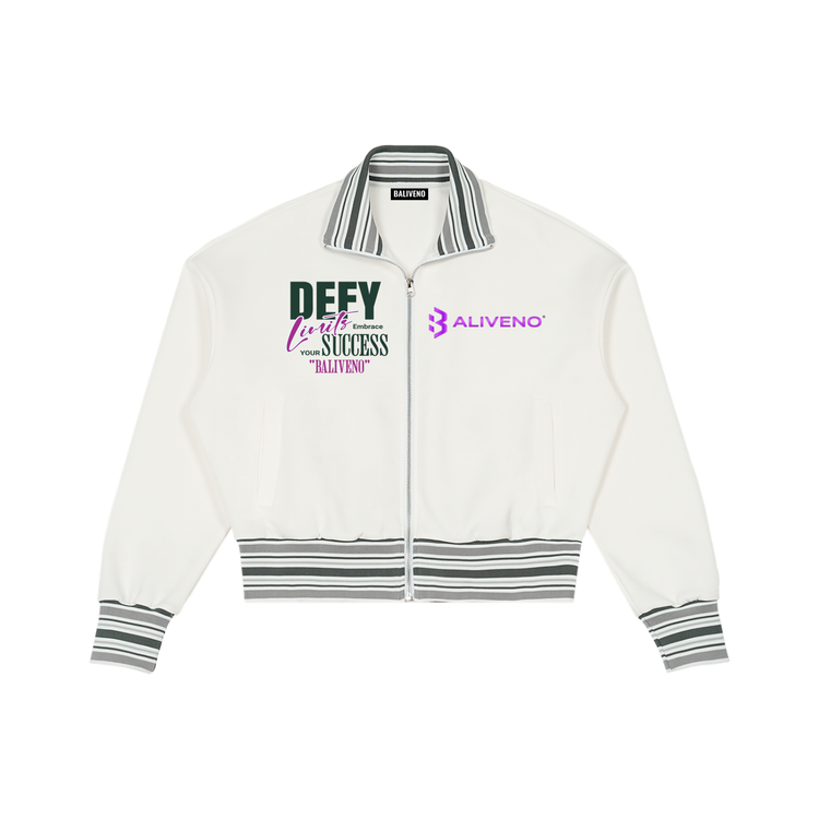 Baliveno Striped Rib Collar Zip Jacket featuring motivational text and logos on a stylish white design.