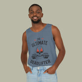 Man wearing the ultimate deadlifter gym tank top with a skull and barbell graphic.
