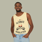 Model wearing the ultimate deadlifter gym tank top with bold skull-and-barbell graphic, showcasing fitness style.