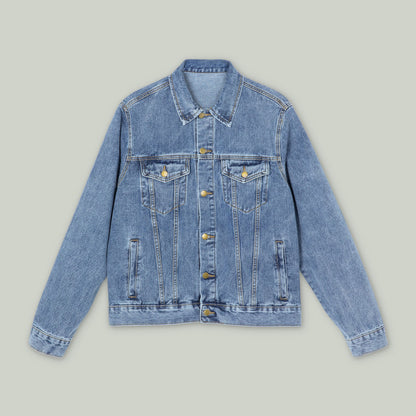 Denim Jacket — Neon Lighthouse Backprint Vintage Sunset Graphic