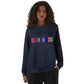 unisex cotton sweatshirt with front and back print featuring vibrant Baliveno design in colorful letters.
