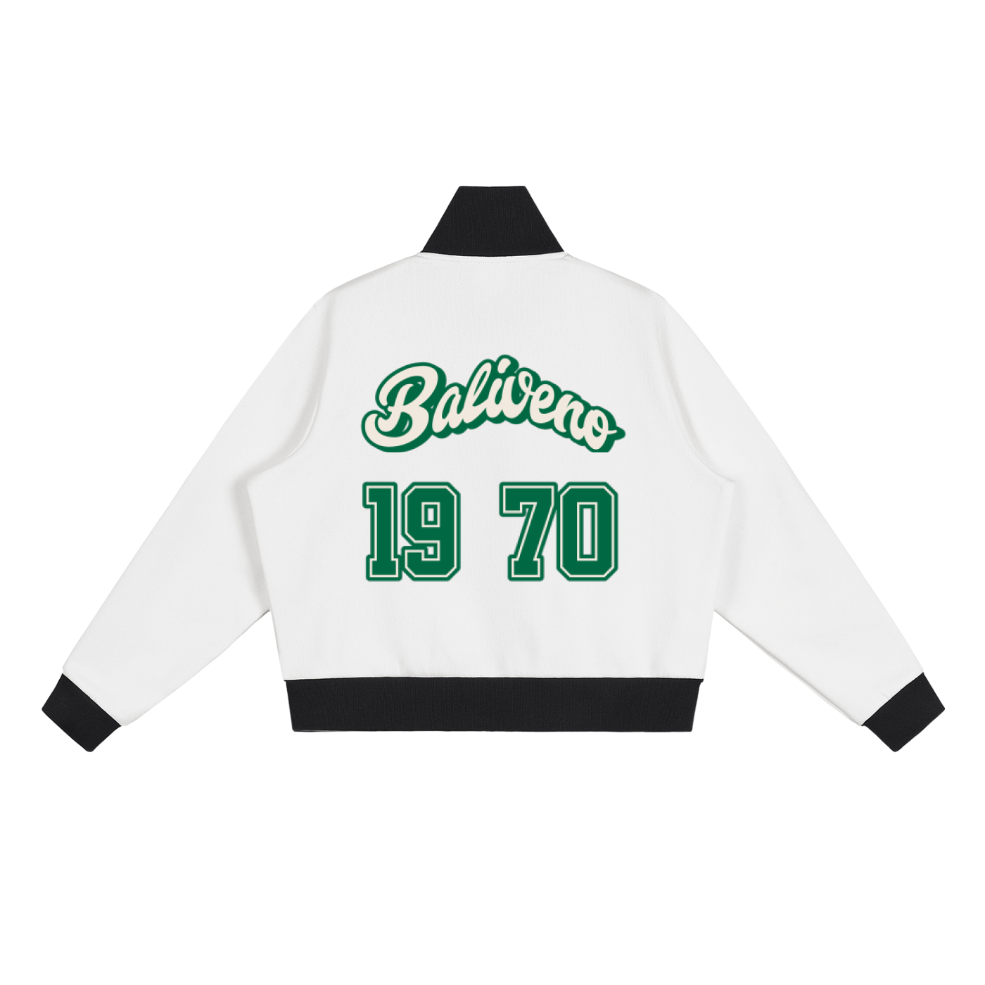 Back view of Baliveno jacket with green lettering &