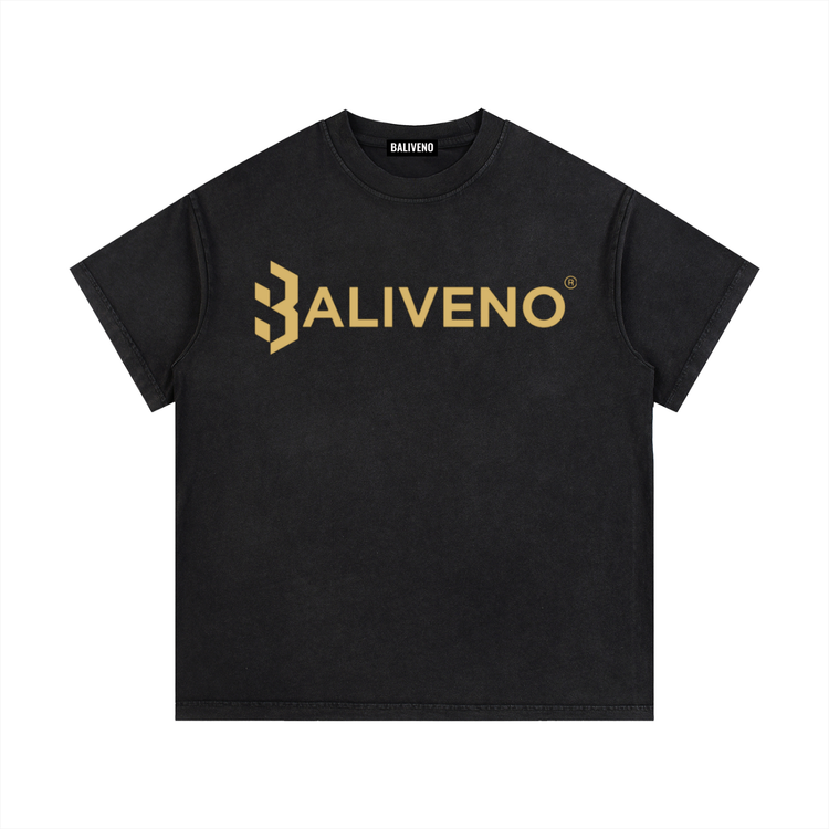 BALIVENO Vintage Wash Cotton T-Shirt in black with gold logo, perfect for casual and sporty looks. 🖤👕 