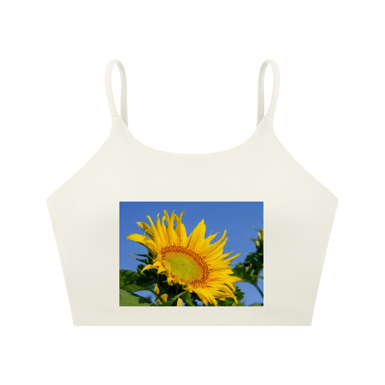 Spaghetti Strap Yoga Sports Bra featuring a colorful sunflower print on a soft fabric design.