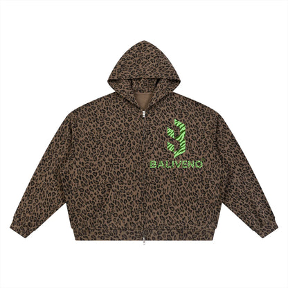 Unisex Leopard Print Waffle Full Zip Hoodie