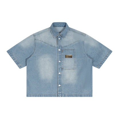 Baliveno minimalis Unisex Vintage Wash Boxy Short Denim Shirt
