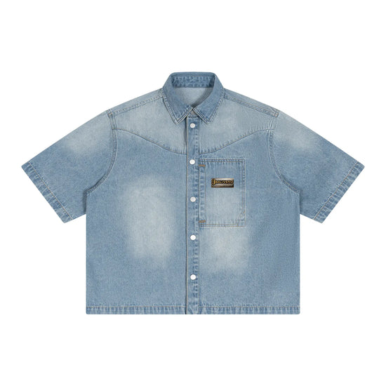 Baliveno Minimalist Unisex Vintage Wash Boxy Short Denim Shirt