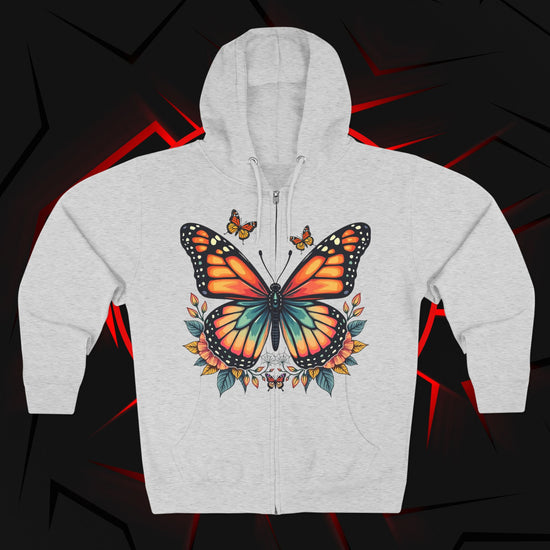 Butterfly Graphic Zip Hoodie — Colorful Monarch Chest & Bold Back Typography