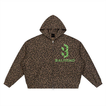 Baliveno Leopard Print Waffle Full Zip Hoodie