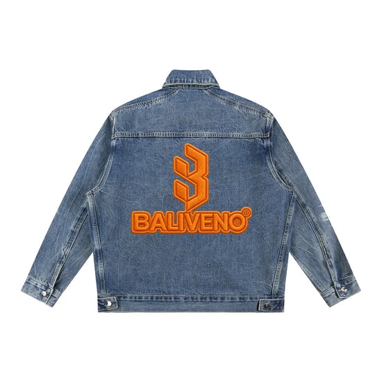 Baliveno Vintage Wash Printed Zip Up Denim Jacket