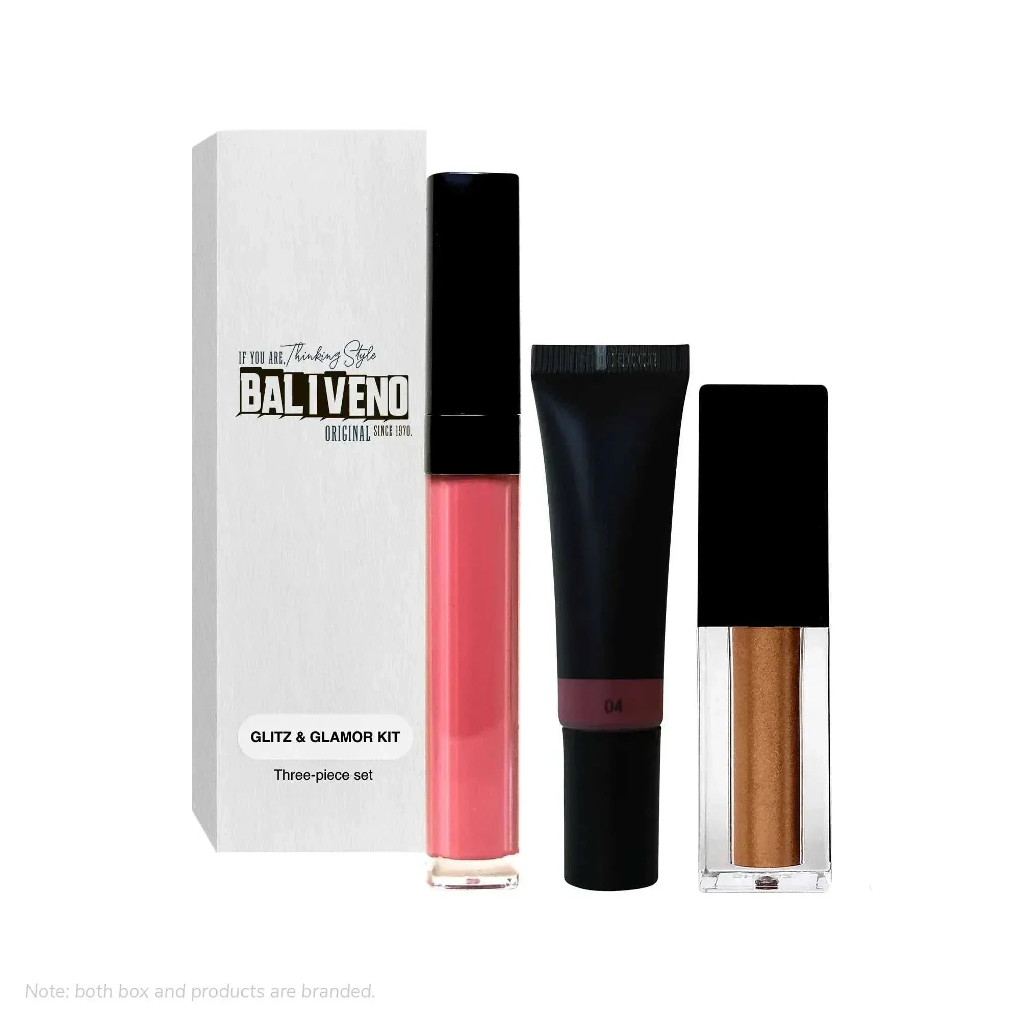 Glitz & Glamor Set including lip oil, liquid blush, and liquid shimmer for a luminous makeup look.