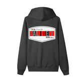 The Essential Zip-up Hoodie by ODMPOD is a unisex black sweatshirt with a loose fit, featuring a large white back patch that reads If you are, thinking style BALIMENO ORIGINAL since 2012 in black, red, and white. Perfect for daily casual wear.