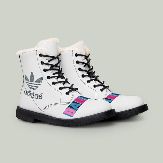 Adidas X Baliveno Fur-Lined Leather Combat Boots — White Winter Boots