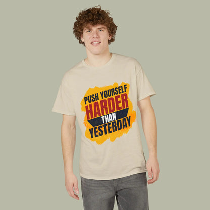 Push Yourself Harder Than Yesterday T-Shirt — Motivational Gym Tee by BALIVENO