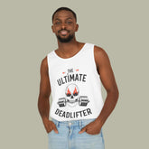 Model wearing the ultimate deadlifter gym tank top featuring a bold skull-and-barbell graphic.