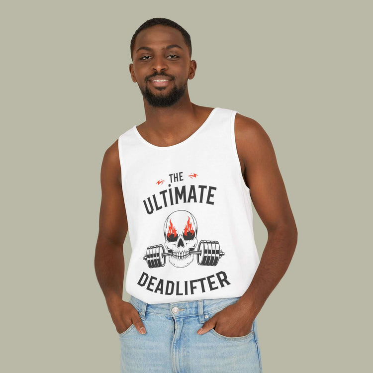 Model wearing the ultimate deadlifter gym tank top featuring a bold skull-and-barbell graphic.