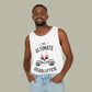 Model wearing the ultimate deadlifter gym tank top featuring a bold skull-and-barbell graphic.