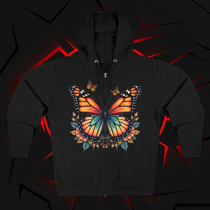 Butterfly Graphic Zip Hoodie — Colorful Monarch Chest & Bold Back Typography