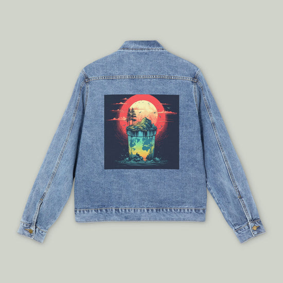 Denim Jacket — Neon Lighthouse Backprint Vintage Sunset Graphic