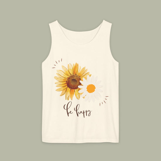 Sunflower "Be Happy" Tank Top — Floral Summer Casual Tank Top