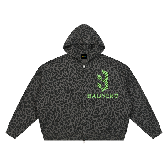 Unisex Leopard Print Waffle Full Zip Hoodie
