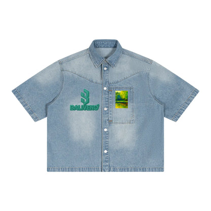 Baliveno Nature Designe Unisex Vintage Wash Boxy Short Denim Shirt