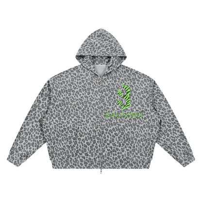 Unisex Leopard Print Waffle Full Zip Hoodie