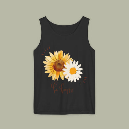 Sunflower "Be Happy" Tank Top — Floral Summer Casual Tank Top