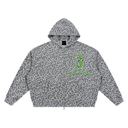 Unisex Leopard Print Waffle Full Zip Hoodie