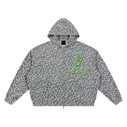 Unisex Leopard Print Waffle Full Zip Hoodie