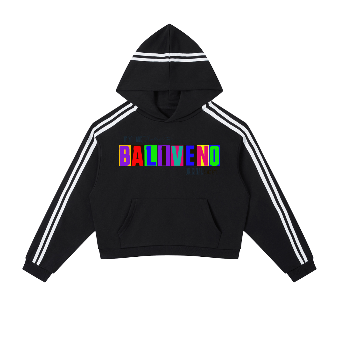 Contrast Side Stripe Cropped Hoodie in black with colorful graphic and white stripes on sleeves.