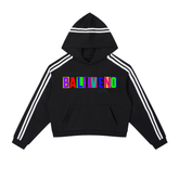 Contrast Side Stripe Cropped Hoodie in black with colorful graphic and white stripes on sleeves.