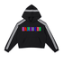 Contrast Side Stripe Cropped Hoodie in black with colorful graphic and white stripes on sleeves.