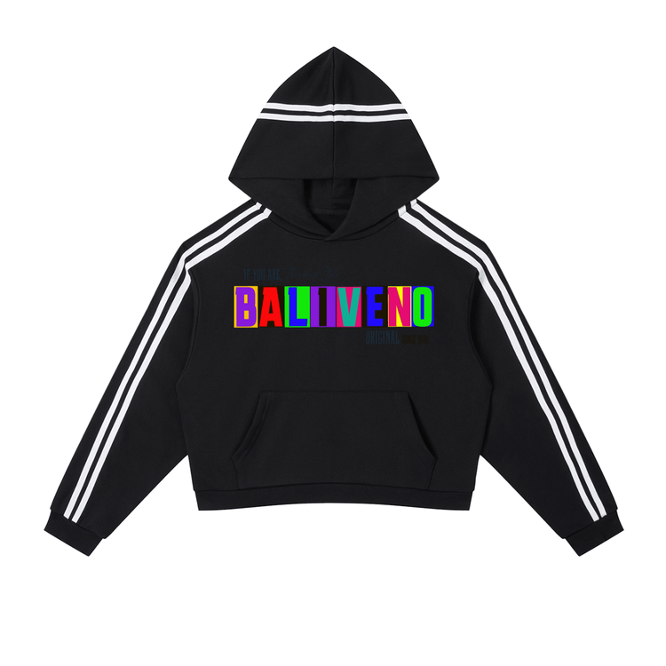 Contrast Side Stripe Cropped Hoodie in black with colorful graphic and white stripes on sleeves.