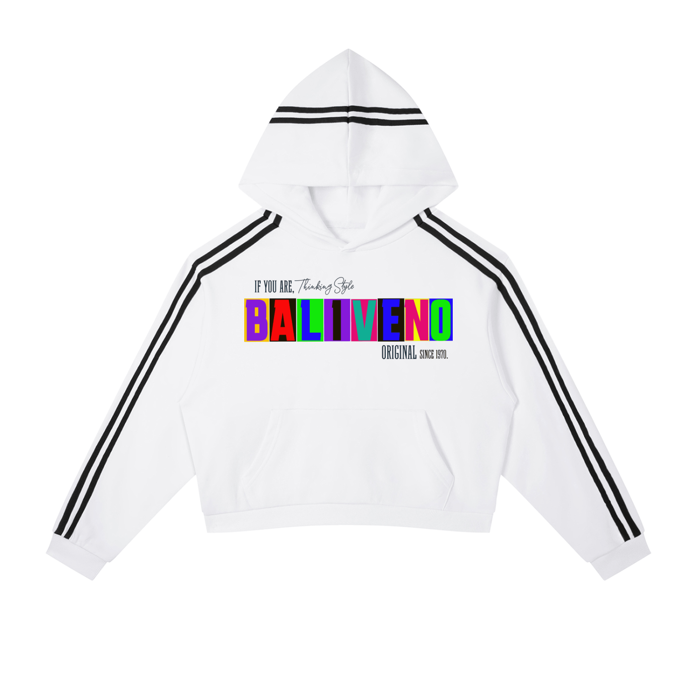Contrast Side Stripe Cropped Hoodie in white with bold graphics and black stripes on sleeves, ideal for casual wear.